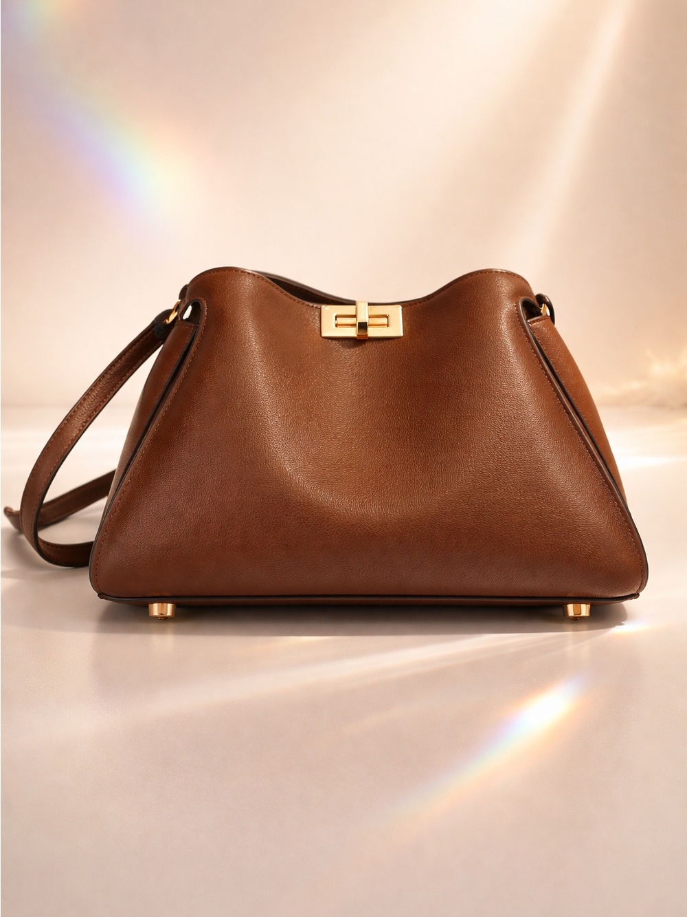 Classic Brown Leather Shoulder Bag with Gold Hardware